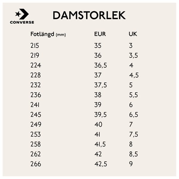 Storleksguide for Converse Scorett